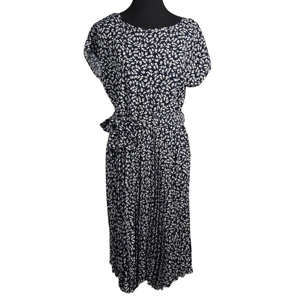 NWT | IDOPIP | Navy Blue White Floral Pleated Midi Dress with Matching Belt | La